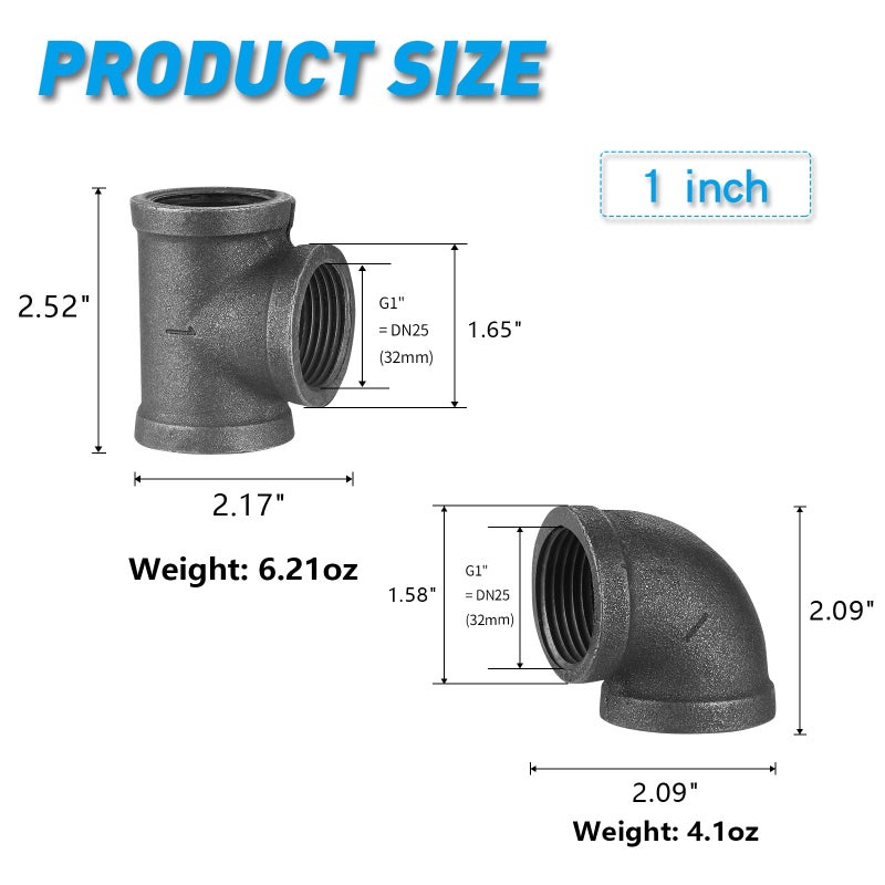 Home TZH 1" Thereaded Tee & Elbow, 20 Pack Industrial Cast Malleable Iron Pipe Elbow/Tee for Steampunk Vintage DIY Pipe Decor Project/Furniture/Shelving Decoration (20, 1 Inch) - Image 2